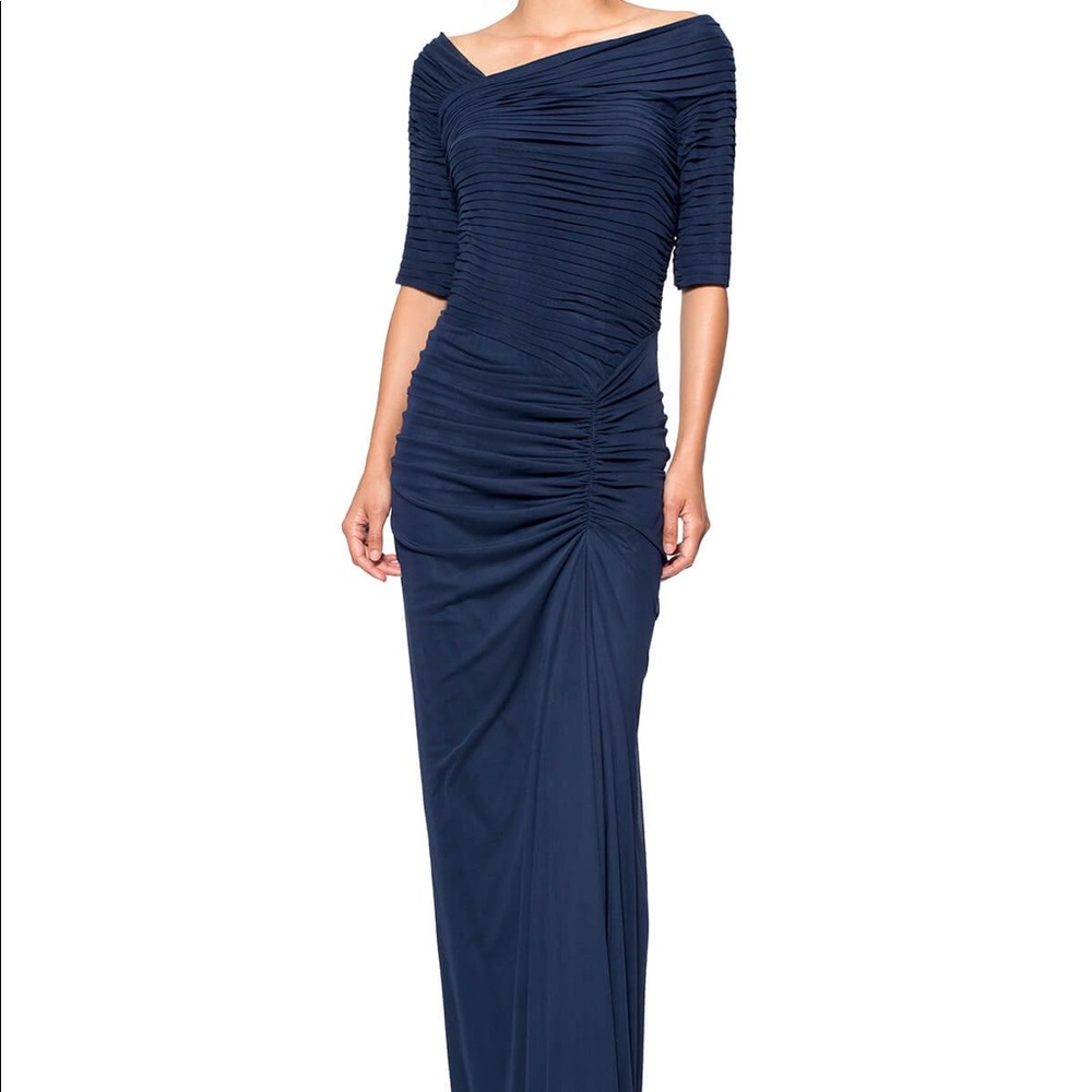 Tadashi Shoji Navy Asymmetrical Ruched Sleeve Gown